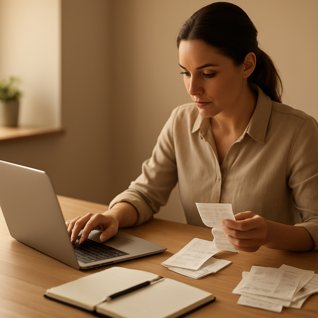 A tidy, organised bookkeeping desk with a laptop and documents