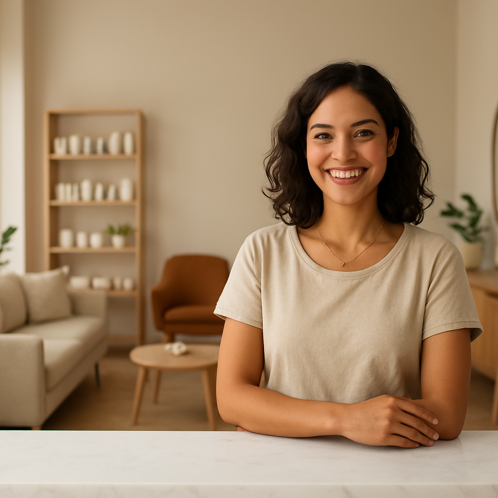 A smiling salon owner in a bright, modern beauty studio