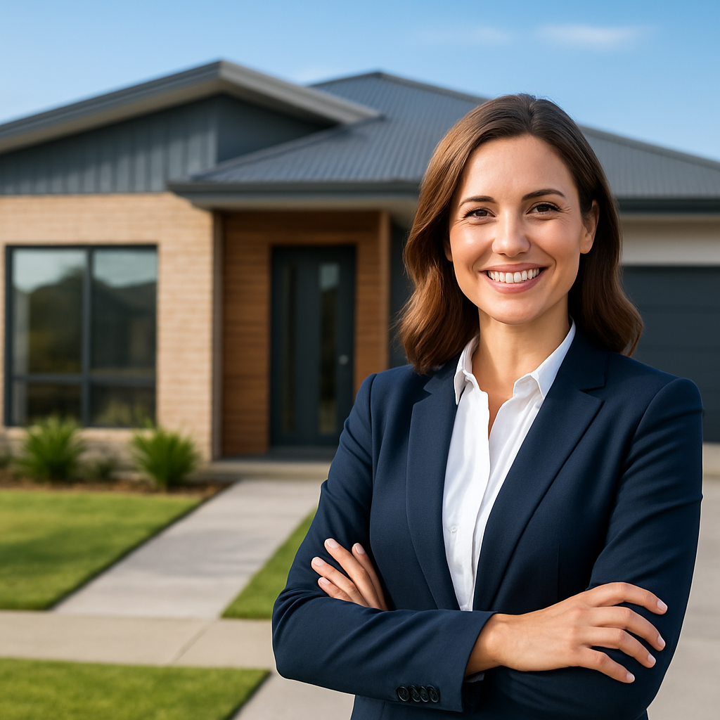 A successful real estate agent smiling outside a property