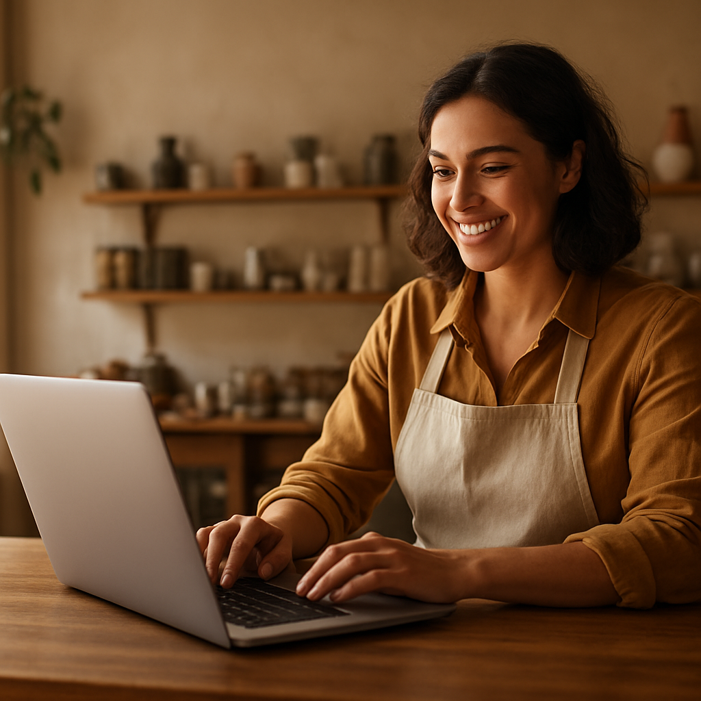 A small business owner smiling while working on a laptop in their shop