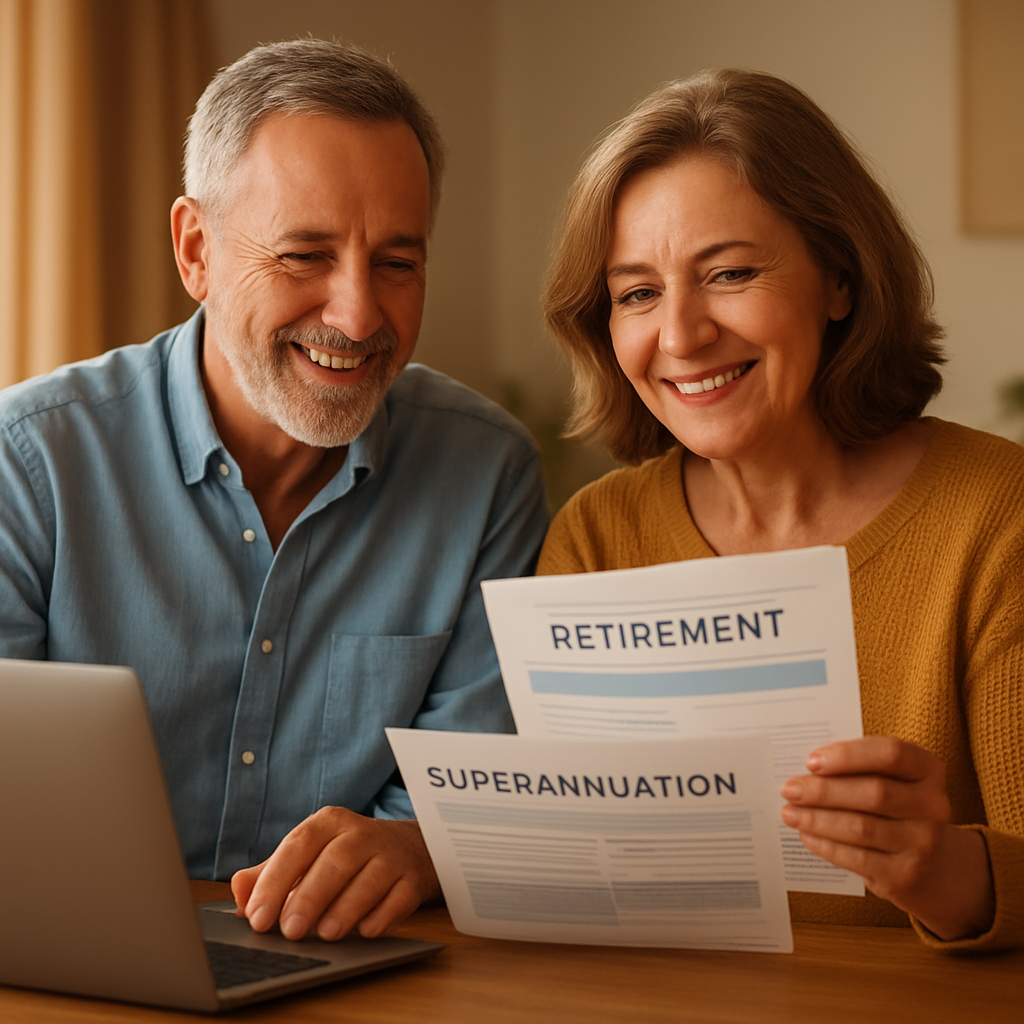 A mature couple smiling while reviewing their self-managed super fund documents